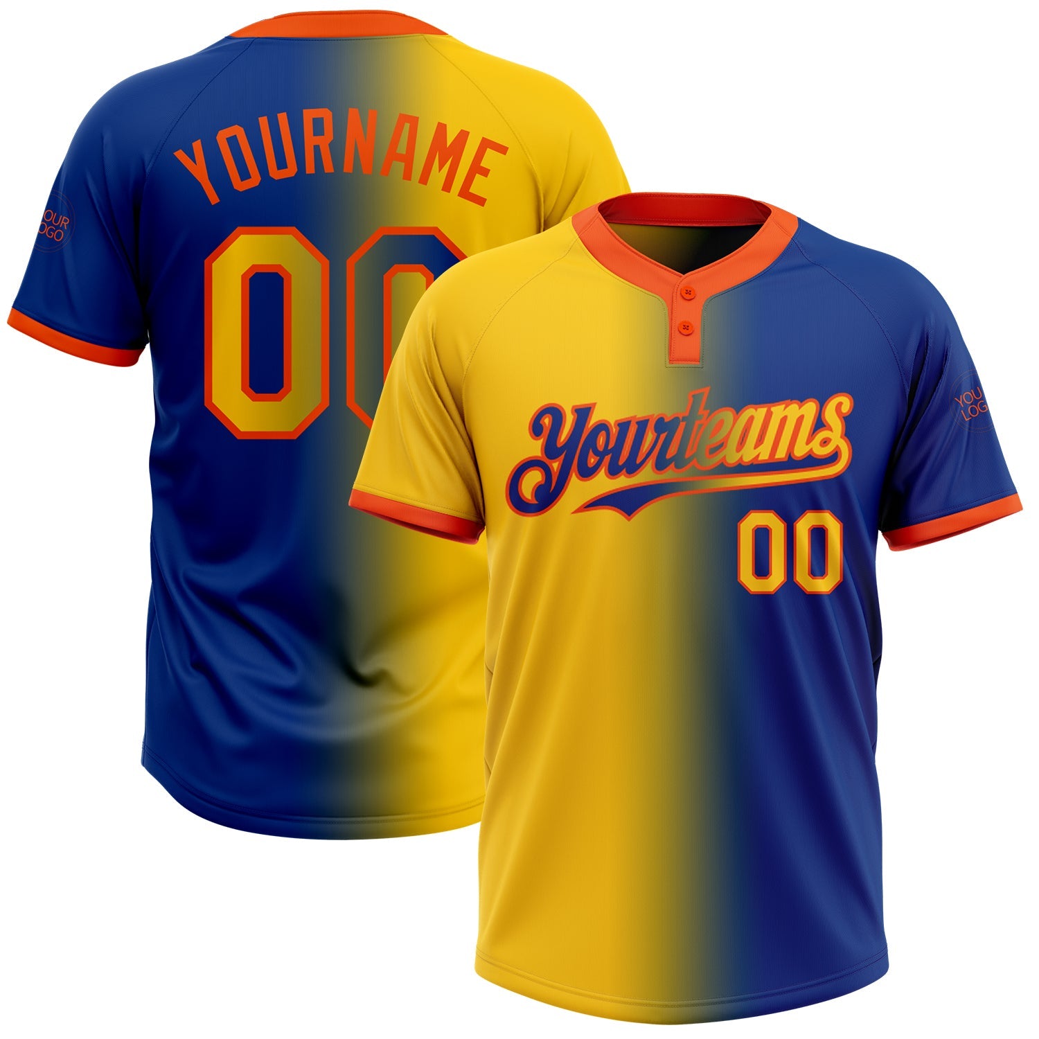 Custom Royal Yellow-Orange Gradient Fashion Two-Button Unisex Softball Jersey - Main View