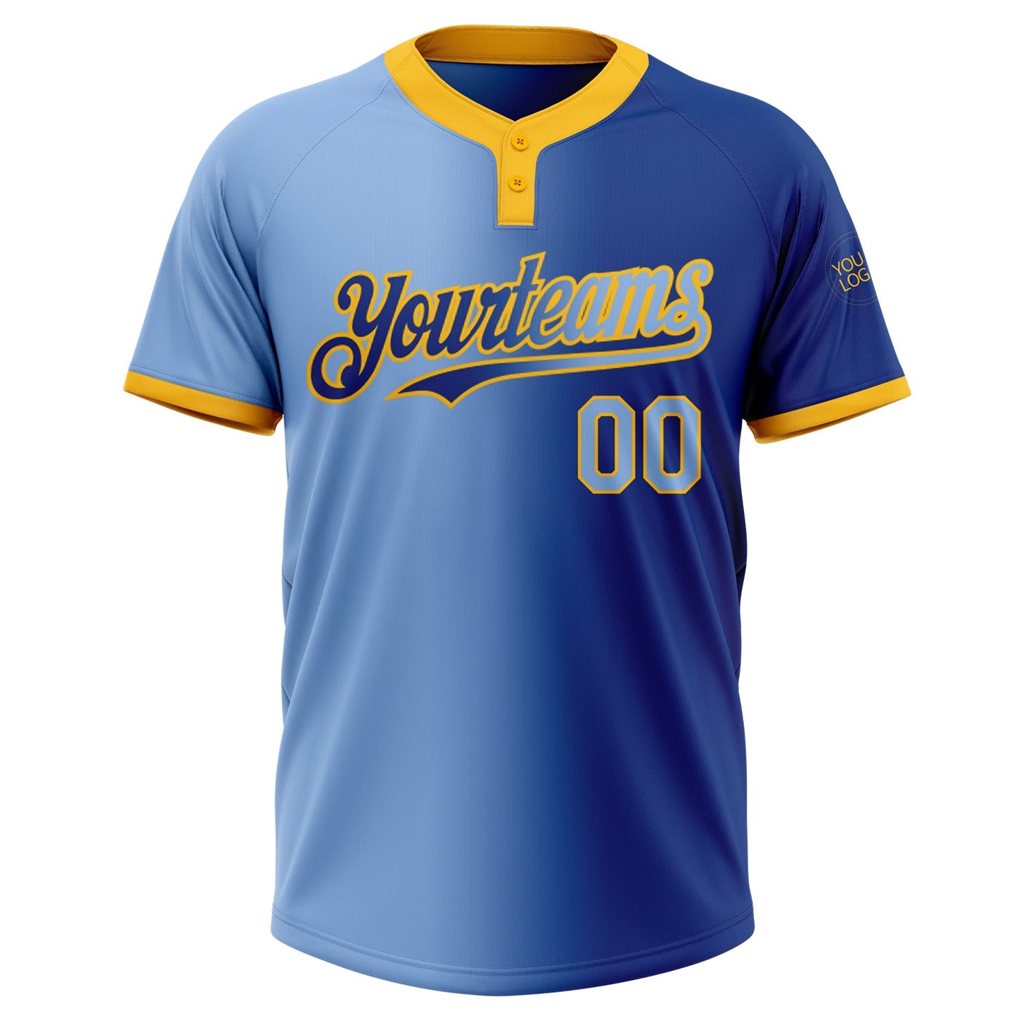 Custom Royal Light Blue-Gold Gradient Fashion Two-Button Unisex Softball Jersey view 2
