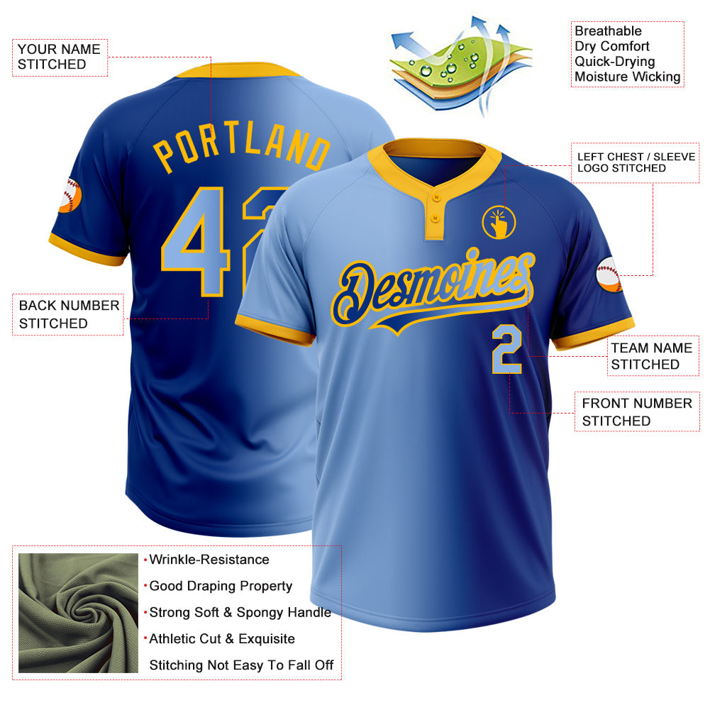 Custom Royal Light Blue-Gold Gradient Fashion Two-Button Unisex Softball Jersey view 3