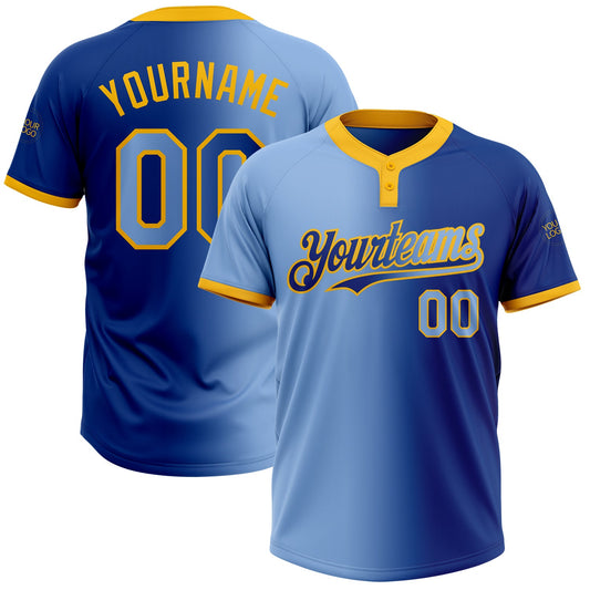 Custom Royal Light Blue-Gold Gradient Fashion Two-Button Unisex Softball Jersey - Main View