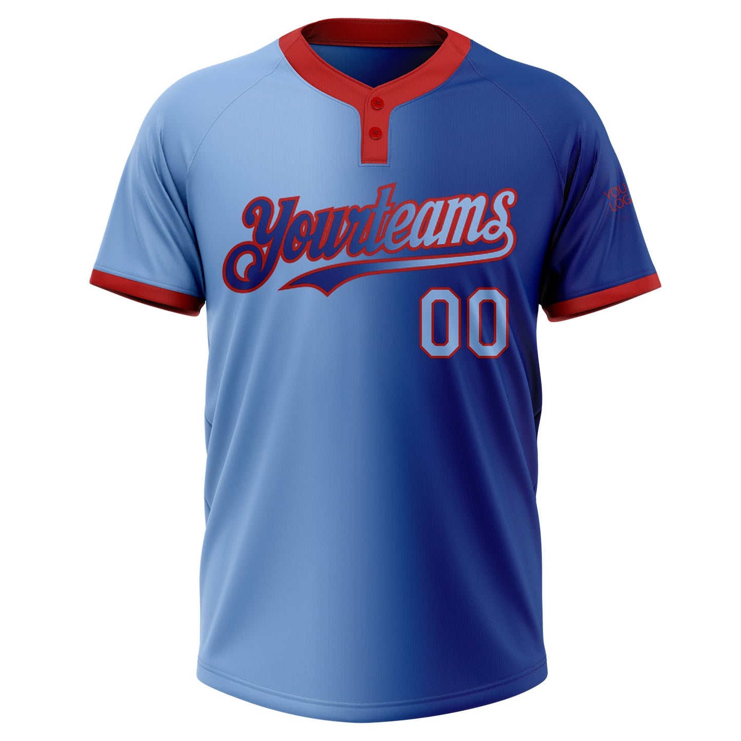 Custom Royal Light Blue-Red Gradient Fashion Two-Button Unisex Softball Jersey view 2