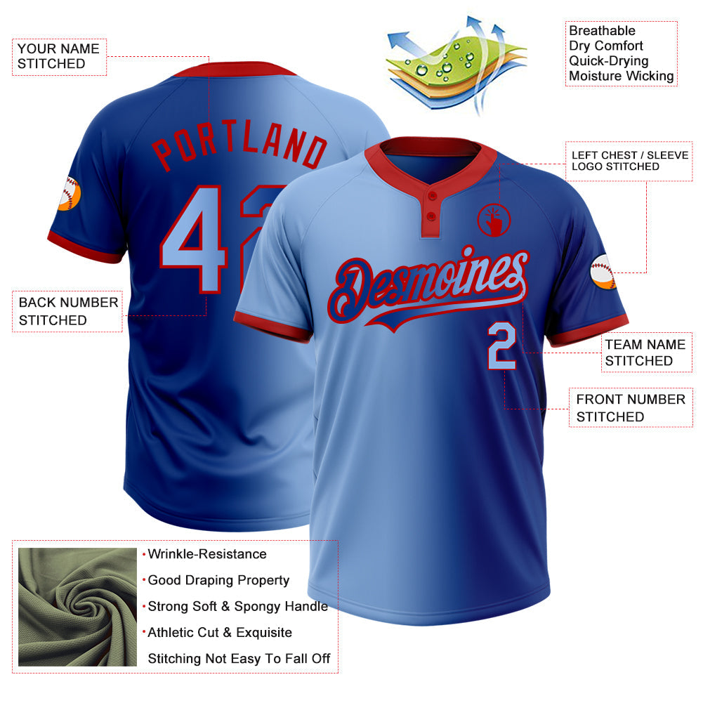 Custom Royal Light Blue-Red Gradient Fashion Two-Button Unisex Softball Jersey view 3