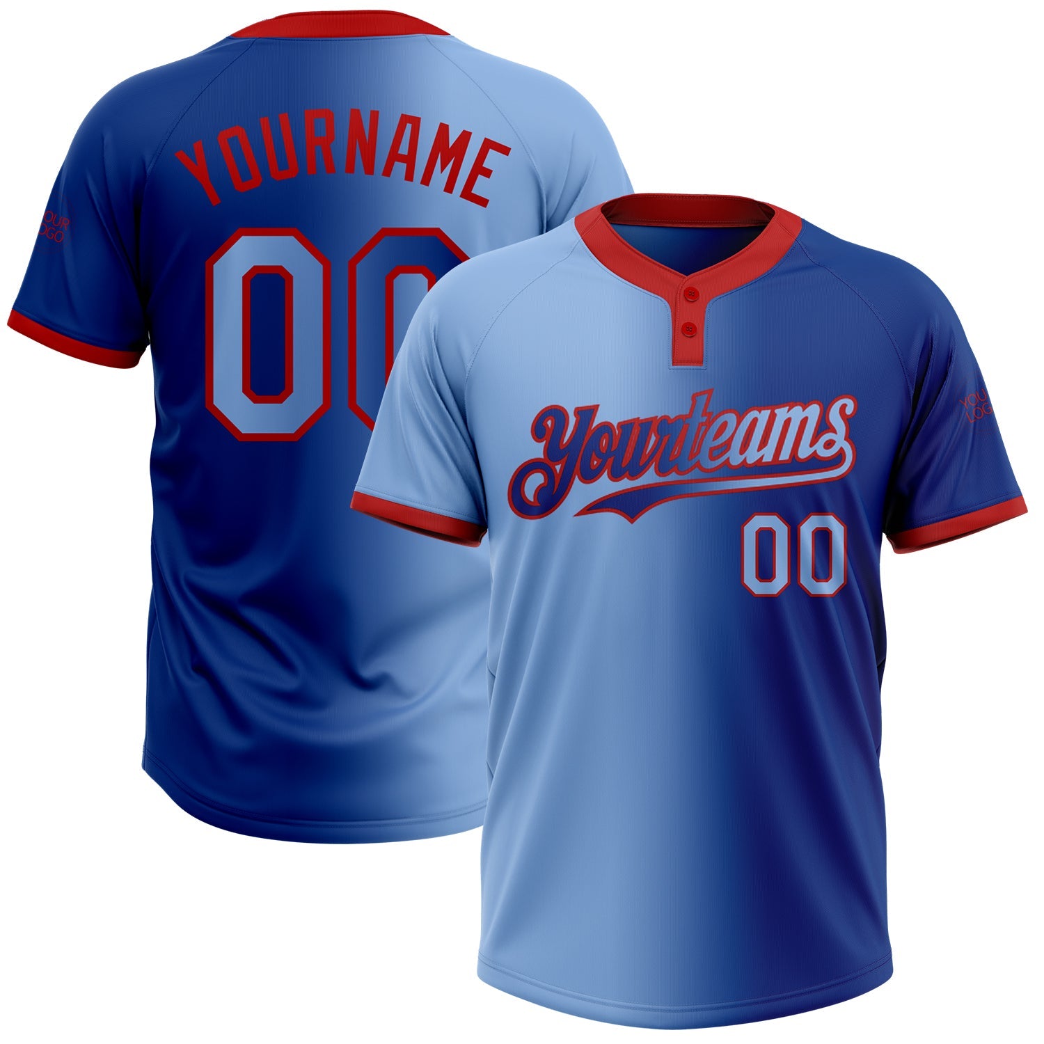 Custom Royal Light Blue-Red Gradient Fashion Two-Button Unisex Softball Jersey - Main View