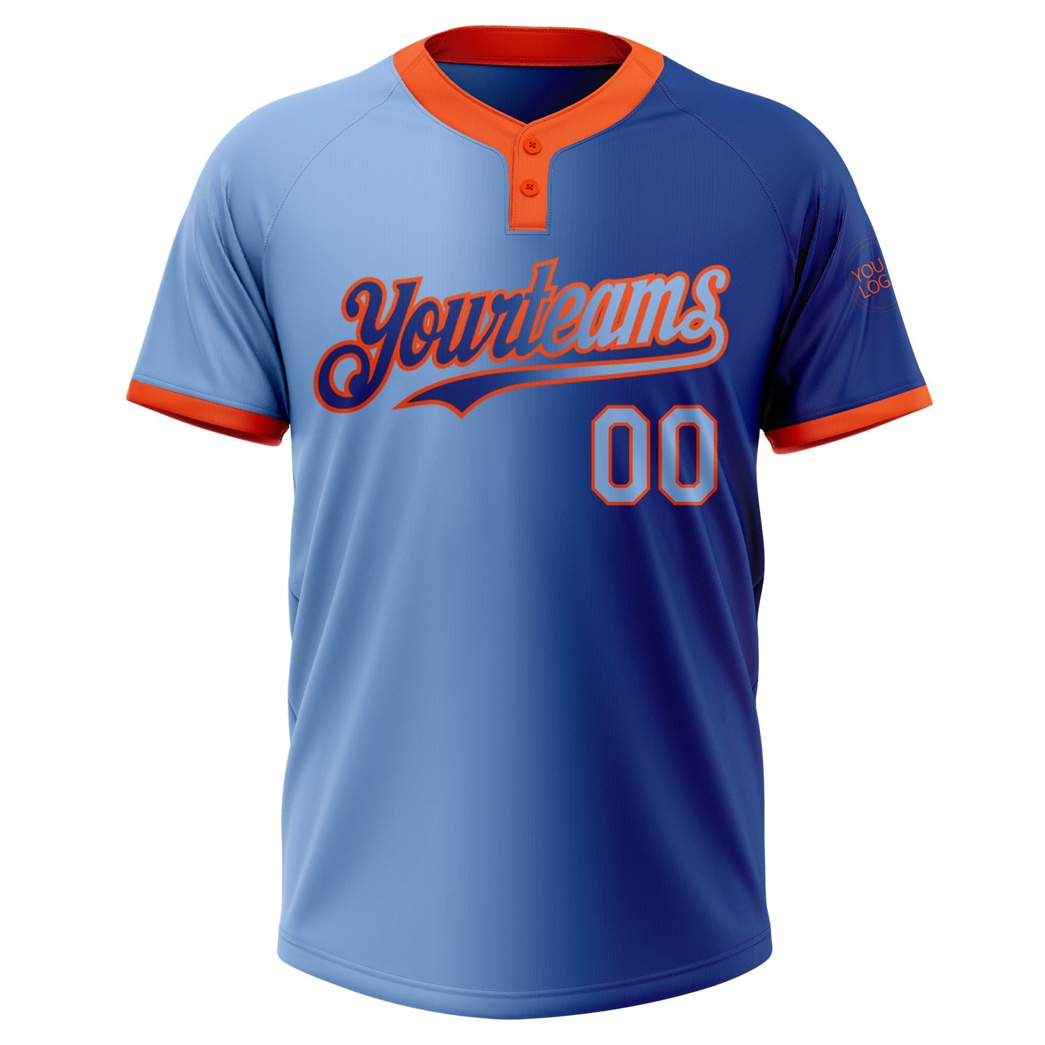 Custom Royal Light Blue-Orange Gradient Fashion Two-Button Unisex Softball Jersey view 2