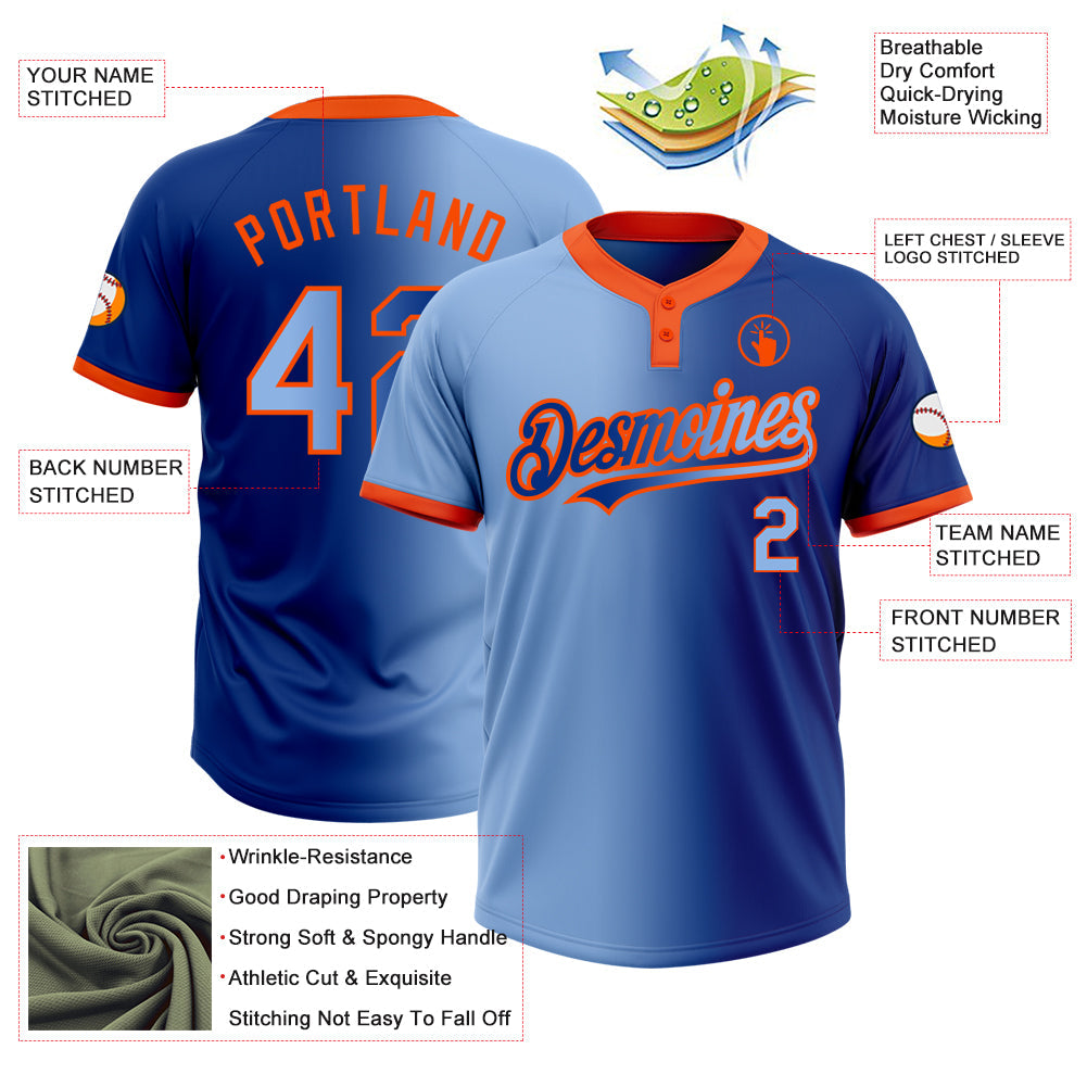 Custom Royal Light Blue-Orange Gradient Fashion Two-Button Unisex Softball Jersey view 3