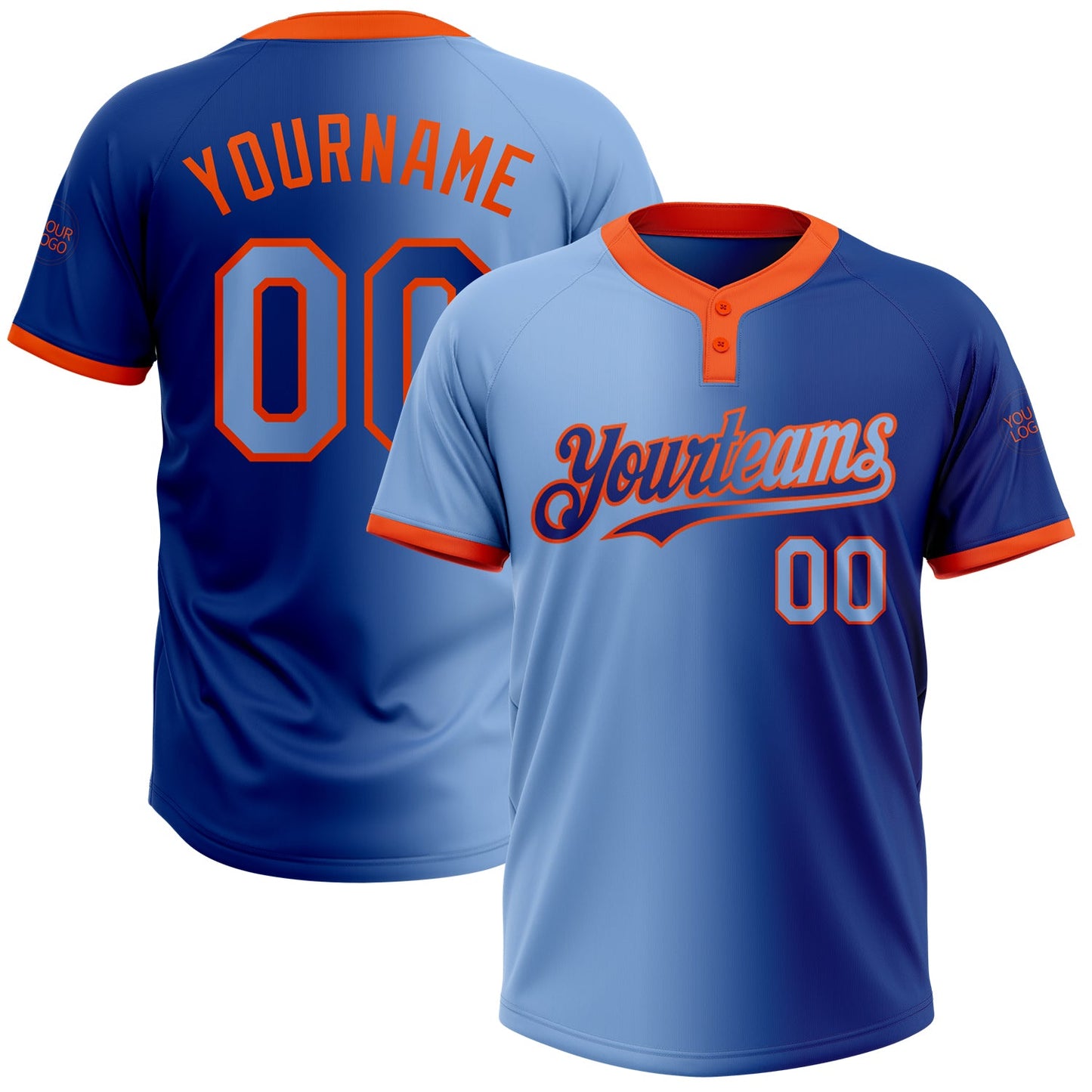 Custom Royal Light Blue-Orange Gradient Fashion Two-Button Unisex Softball Jersey - Main View