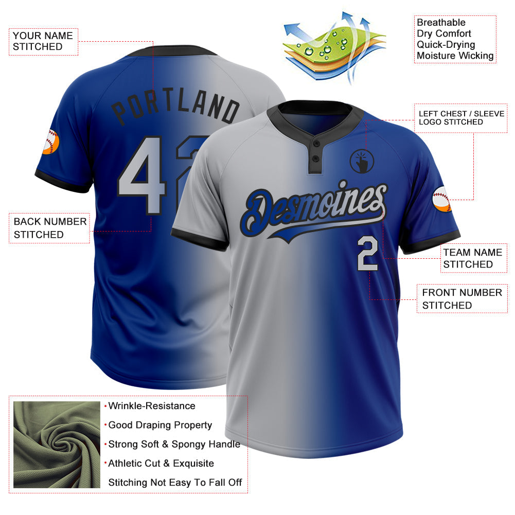 Custom Royal Gray-Black Gradient Fashion Two-Button Unisex Softball Jersey view 3