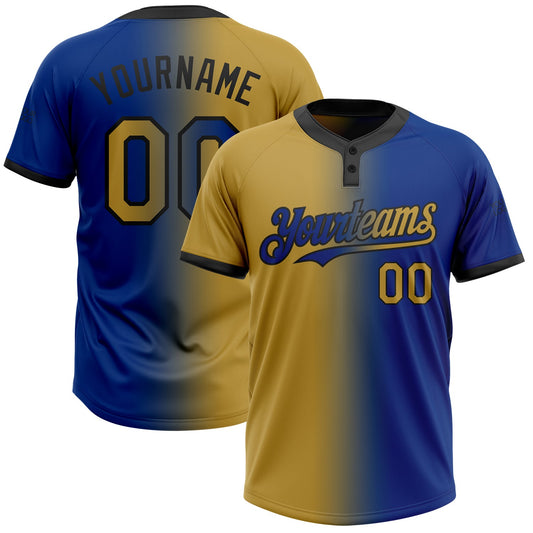 Custom Royal Old Gold-Black Gradient Fashion Two-Button Unisex Softball Jersey - Main View