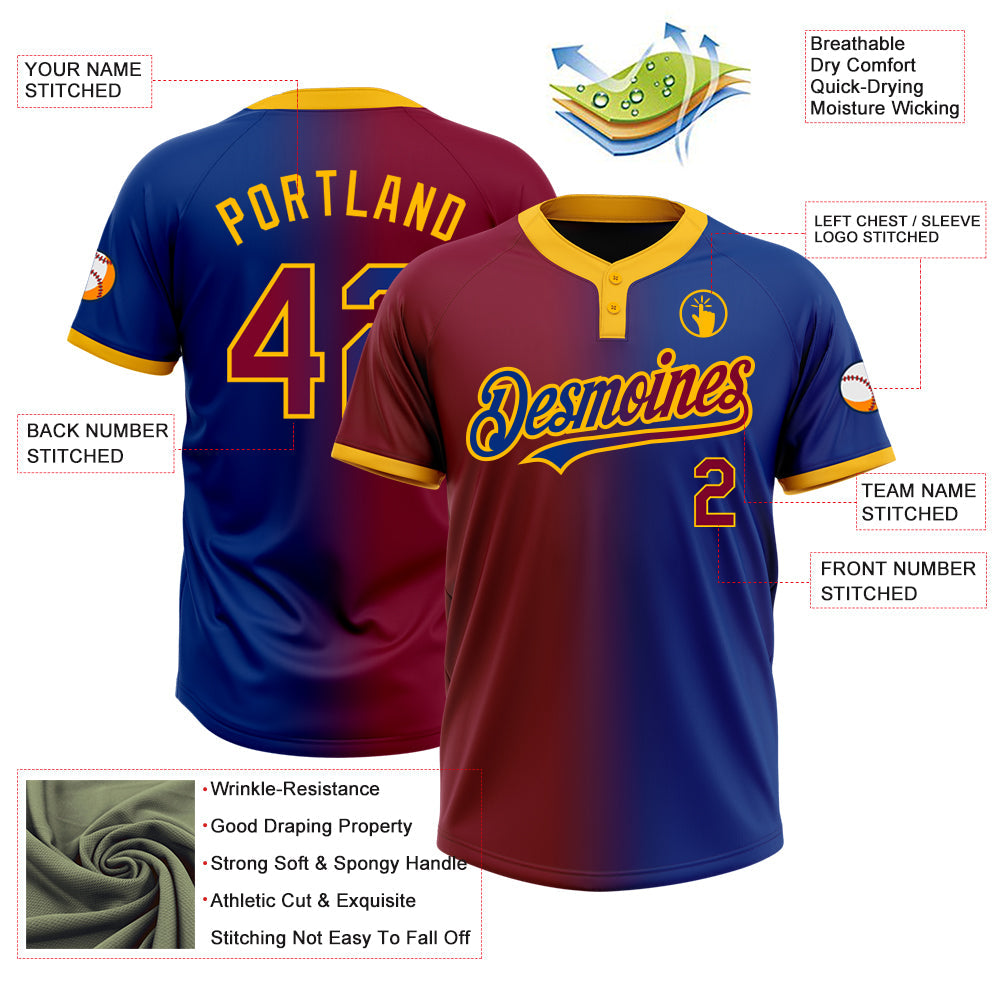 Custom Royal Maroon-Gold Gradient Fashion Two-Button Unisex Softball Jersey view 3