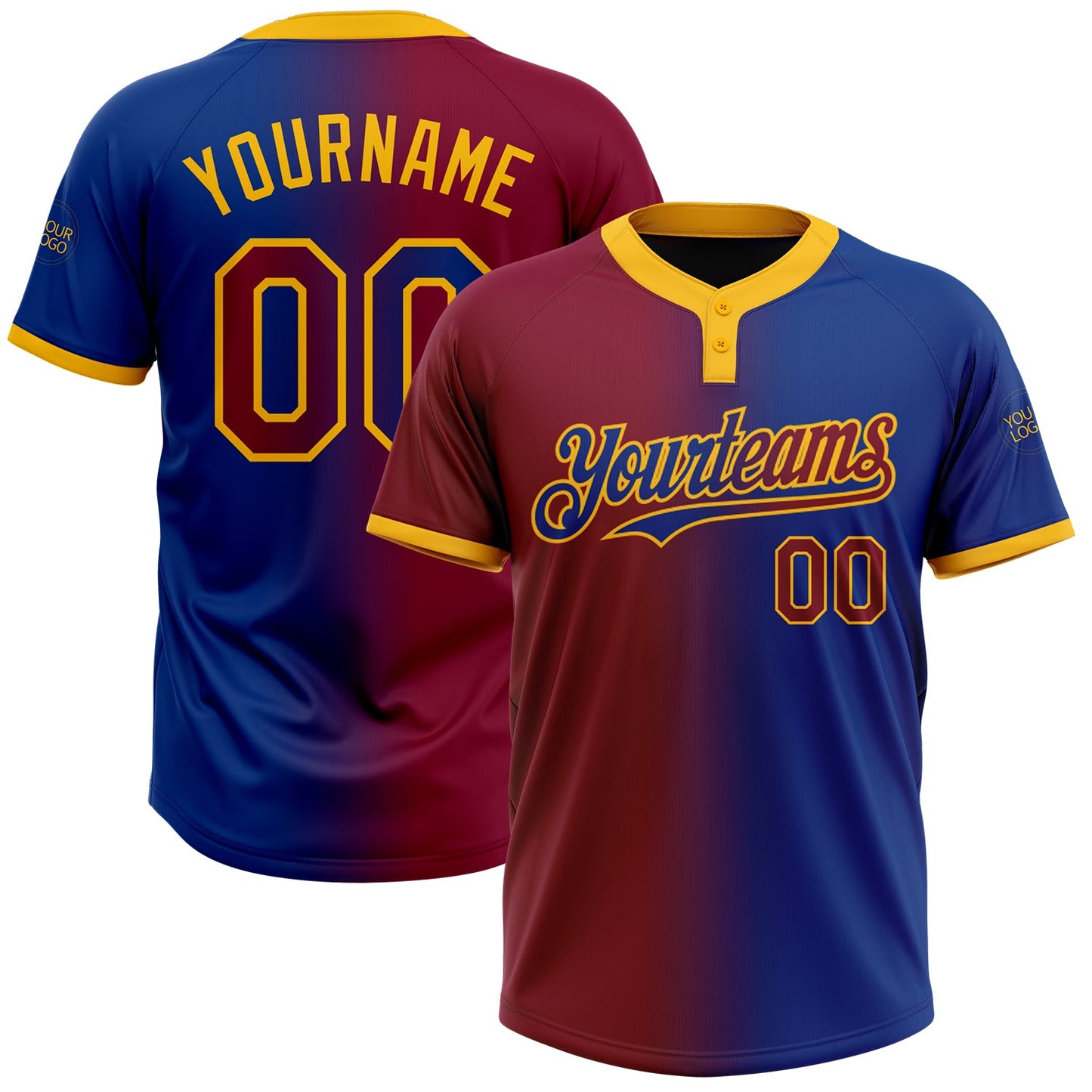 Custom Royal Maroon-Gold Gradient Fashion Two-Button Unisex Softball Jersey - Main View