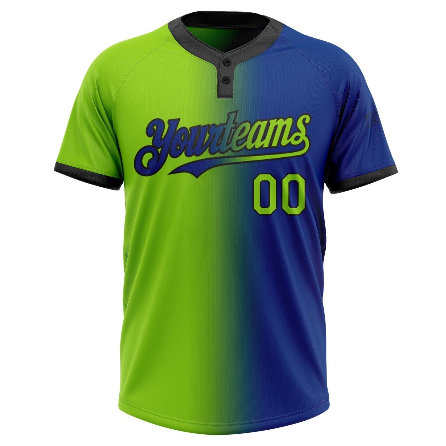 Custom Royal Neon Green-Black Gradient Fashion Two-Button Unisex Softball Jersey view 2