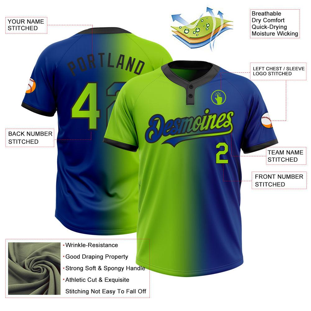 Custom Royal Neon Green-Black Gradient Fashion Two-Button Unisex Softball Jersey view 3