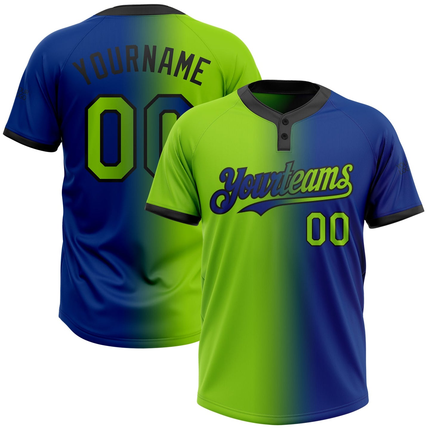 Custom Royal Neon Green-Black Gradient Fashion Two-Button Unisex Softball Jersey - Main View
