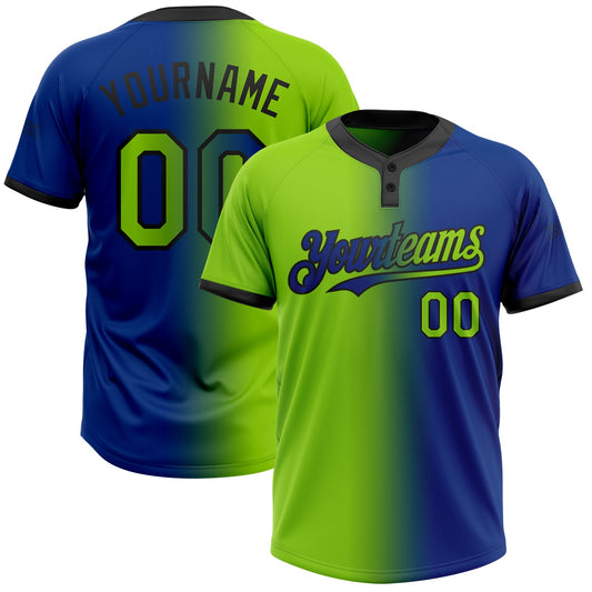 Custom Royal Neon Green-Black Gradient Fashion Two-Button Unisex Softball Jersey - Main View