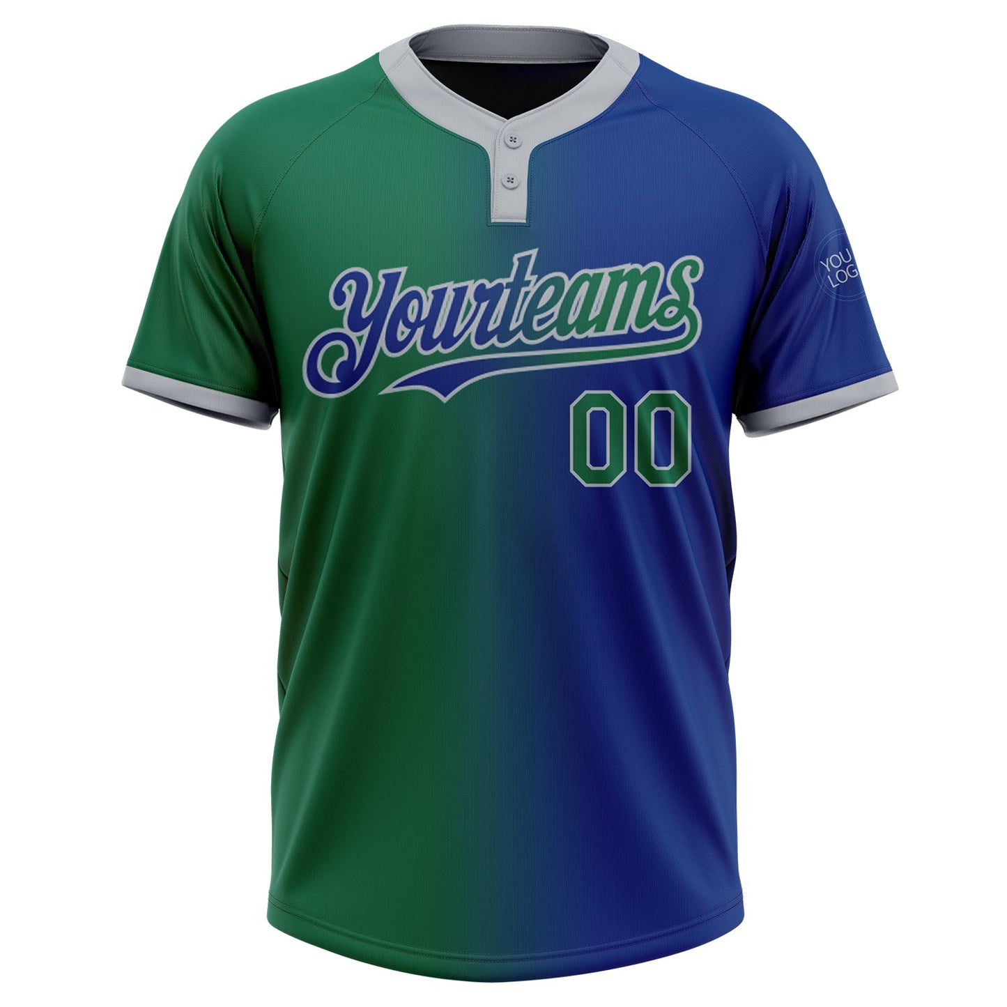 Custom Royal Kelly Green-Gray Gradient Fashion Two-Button Unisex Softball Jersey view 2