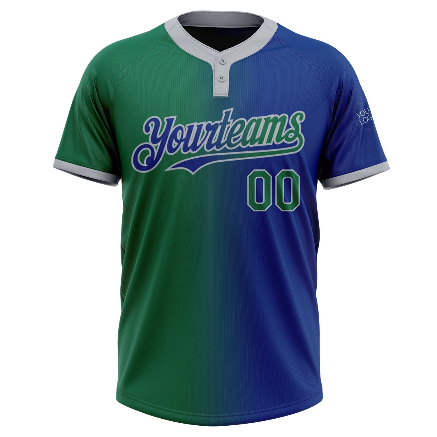 Custom Royal Kelly Green-Gray Gradient Fashion Two-Button Unisex Softball Jersey view 2