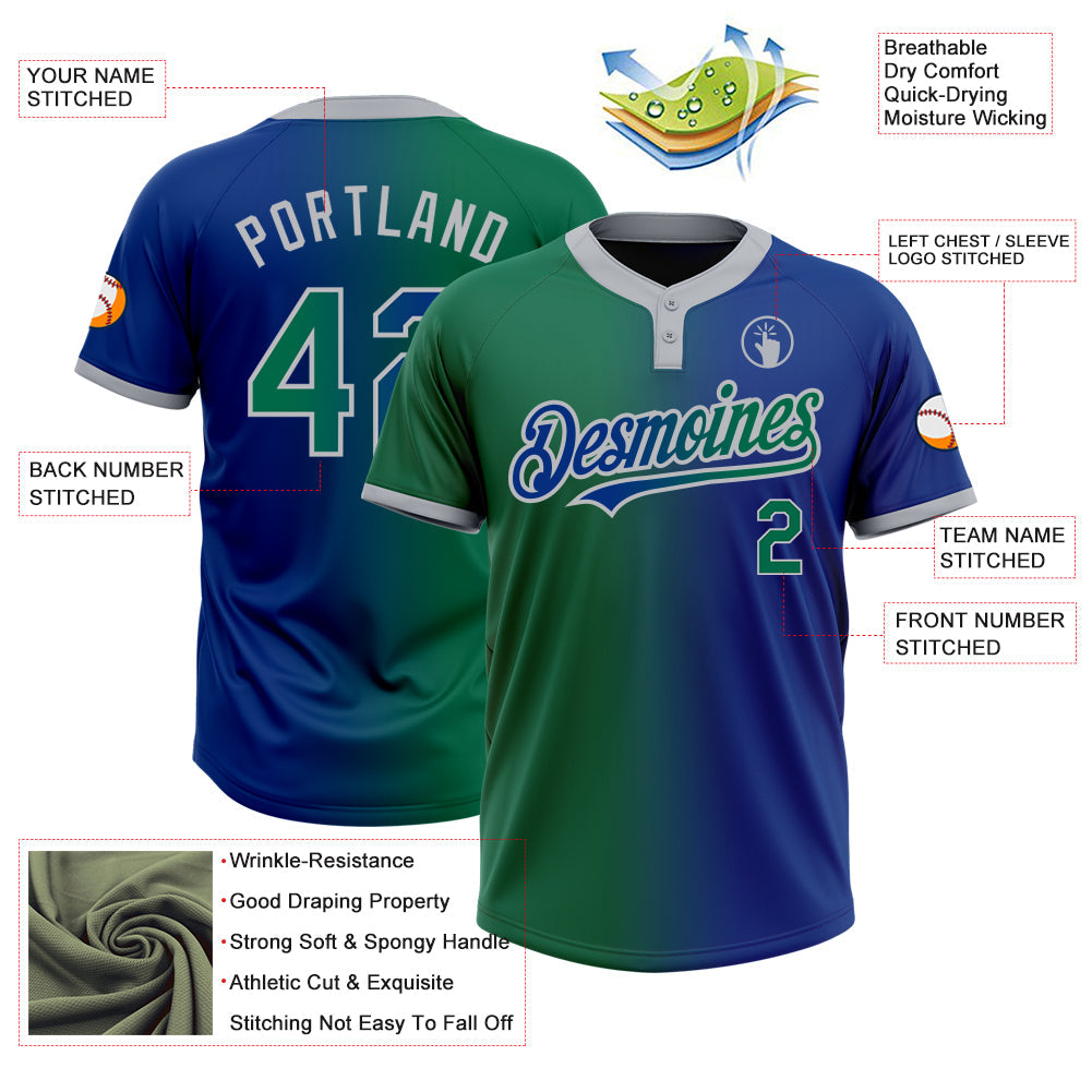 Custom Royal Kelly Green-Gray Gradient Fashion Two-Button Unisex Softball Jersey view 3