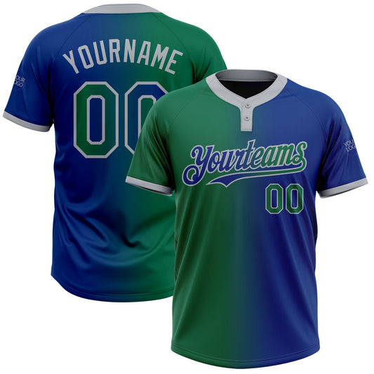 Custom Royal Kelly Green-Gray Gradient Fashion Two-Button Unisex Softball Jersey - Main View