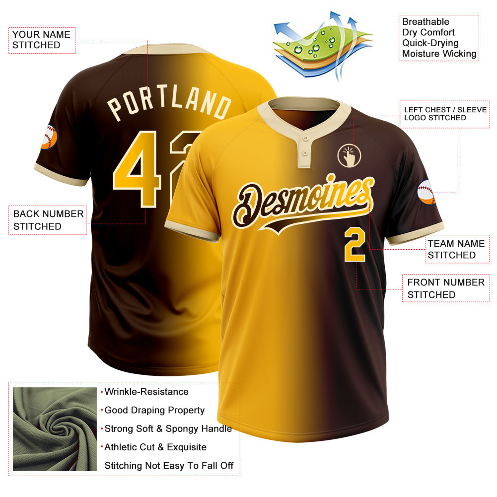 Custom Brown Gold-Cream Gradient Fashion Two-Button Unisex Softball Jersey view 3