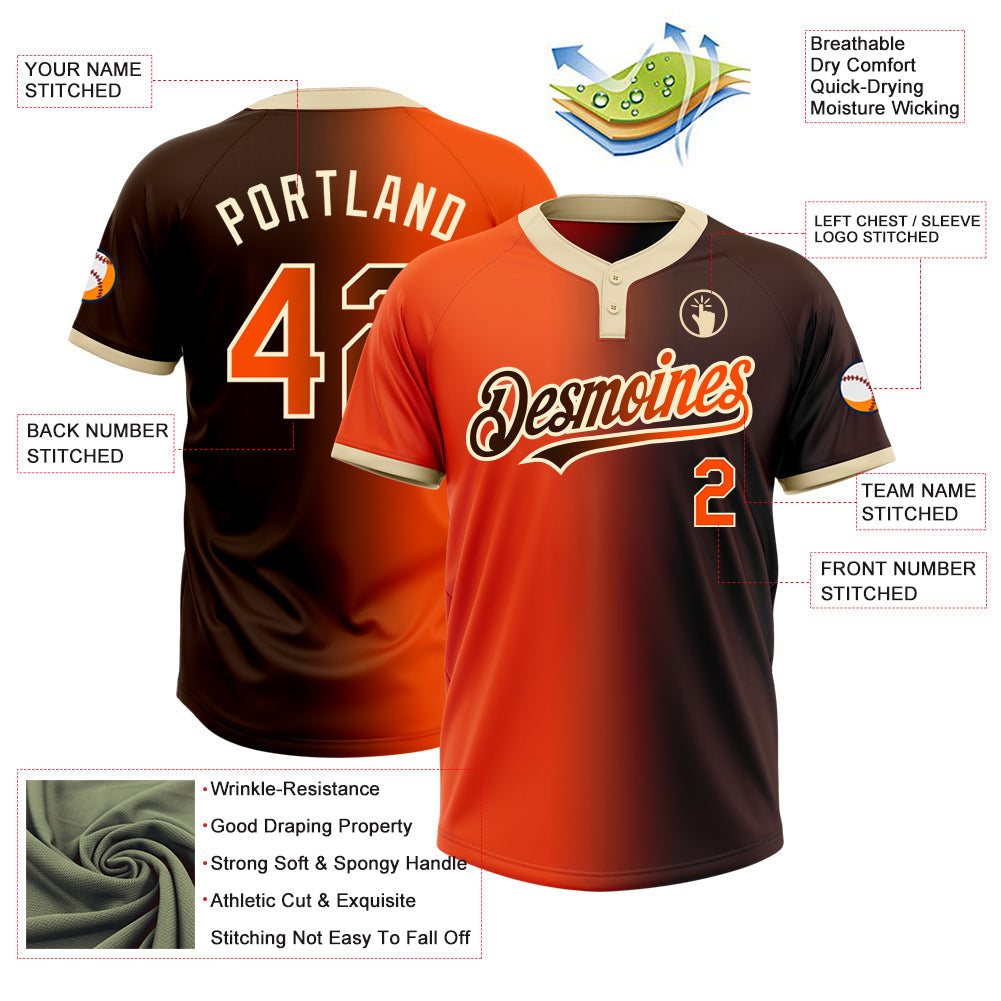 Custom Brown Orange-Cream Gradient Fashion Two-Button Unisex Softball Jersey view 3