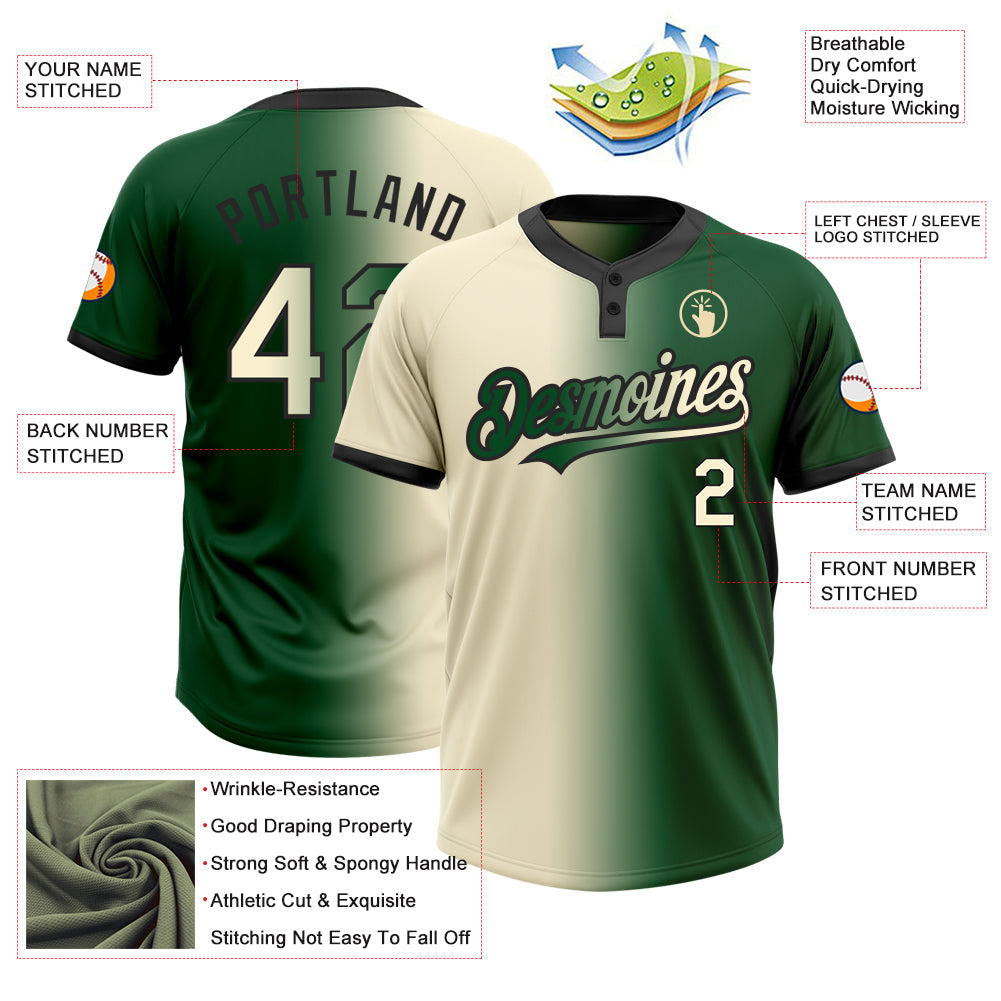 Custom Green Cream-Black Gradient Fashion Two-Button Unisex Softball Jersey view 3