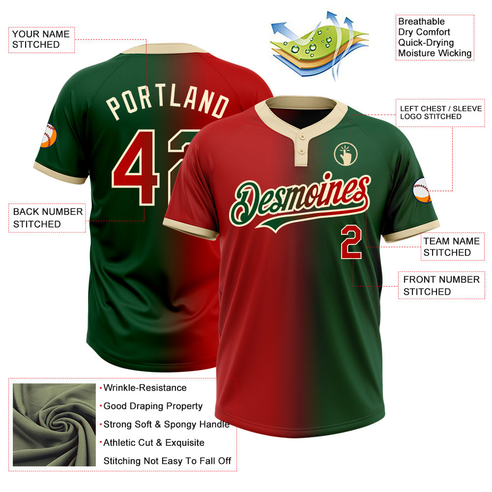Custom Green Red-Cream Gradient Fashion Two-Button Unisex Softball Jersey view 3