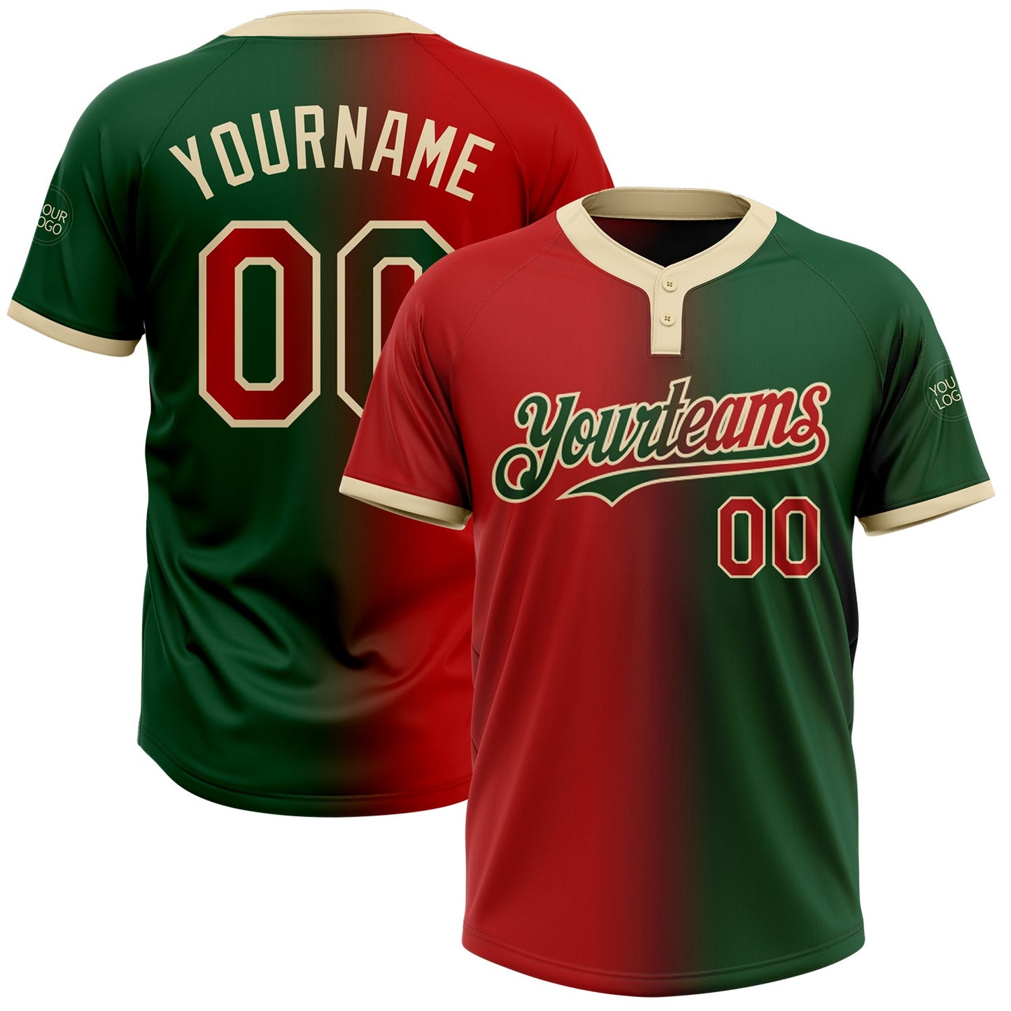 Custom Green Red-Cream Gradient Fashion Two-Button Unisex Softball Jersey - Main View