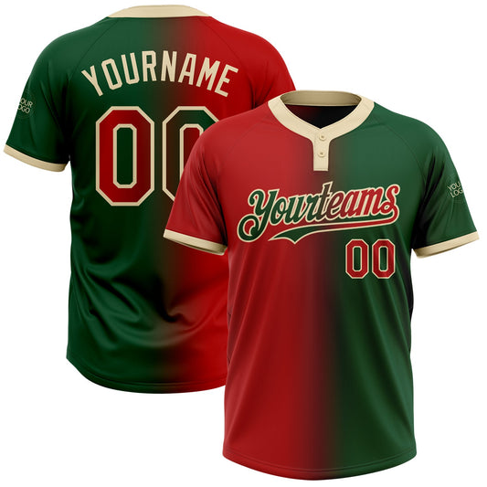 Custom Green Red-Cream Gradient Fashion Two-Button Unisex Softball Jersey - Main View