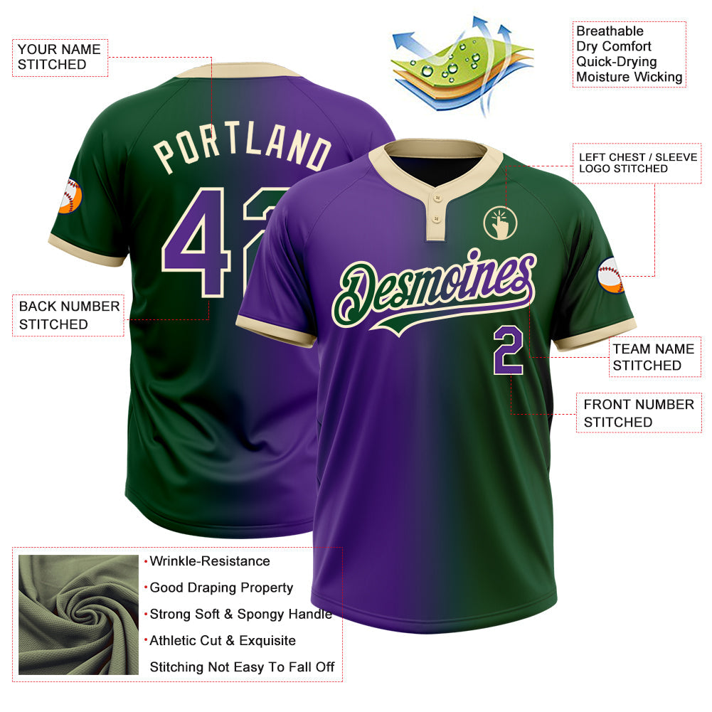 Custom Green Purple-Cream Gradient Fashion Two-Button Unisex Softball Jersey view 3