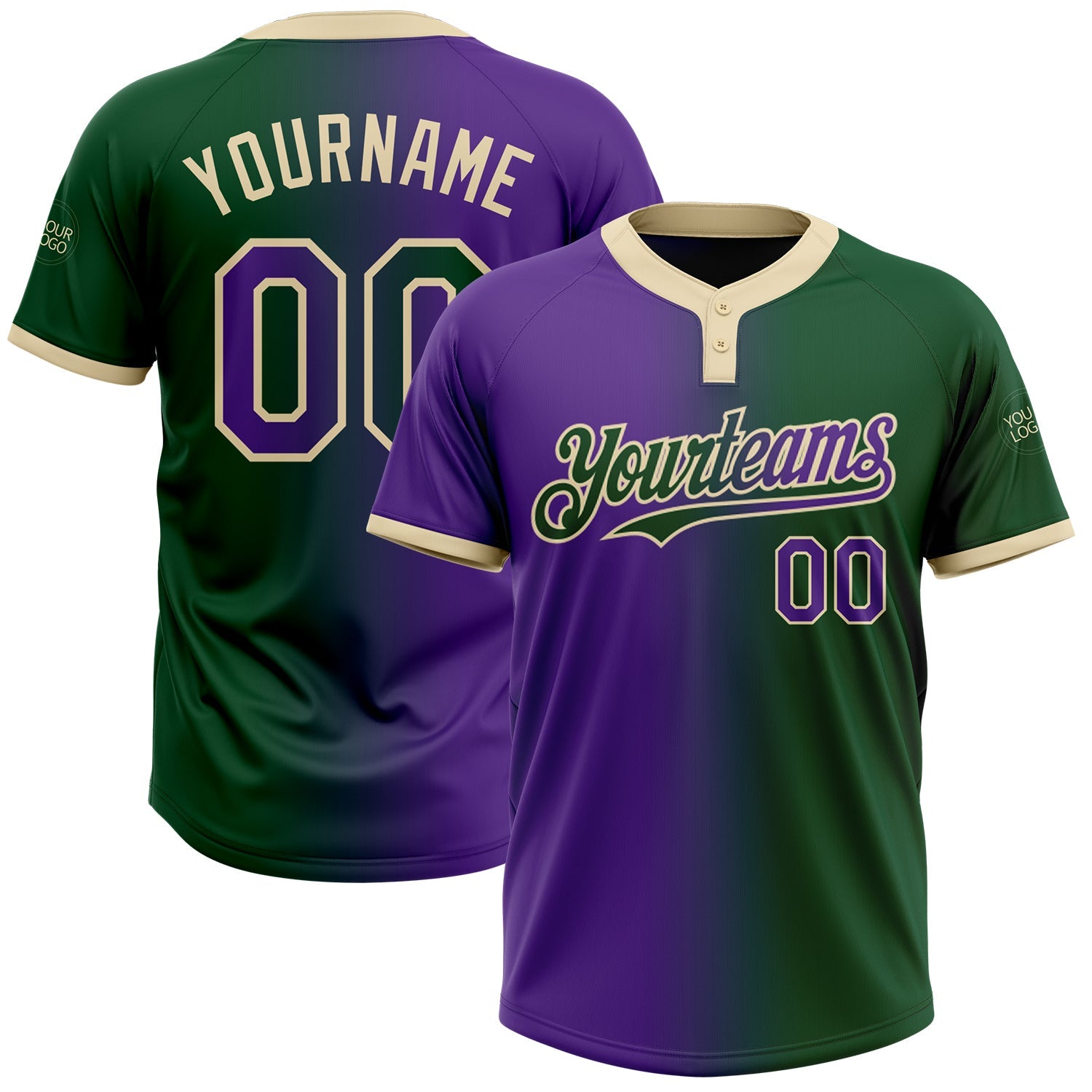 Custom Green Purple-Cream Gradient Fashion Two-Button Unisex Softball Jersey - Main View