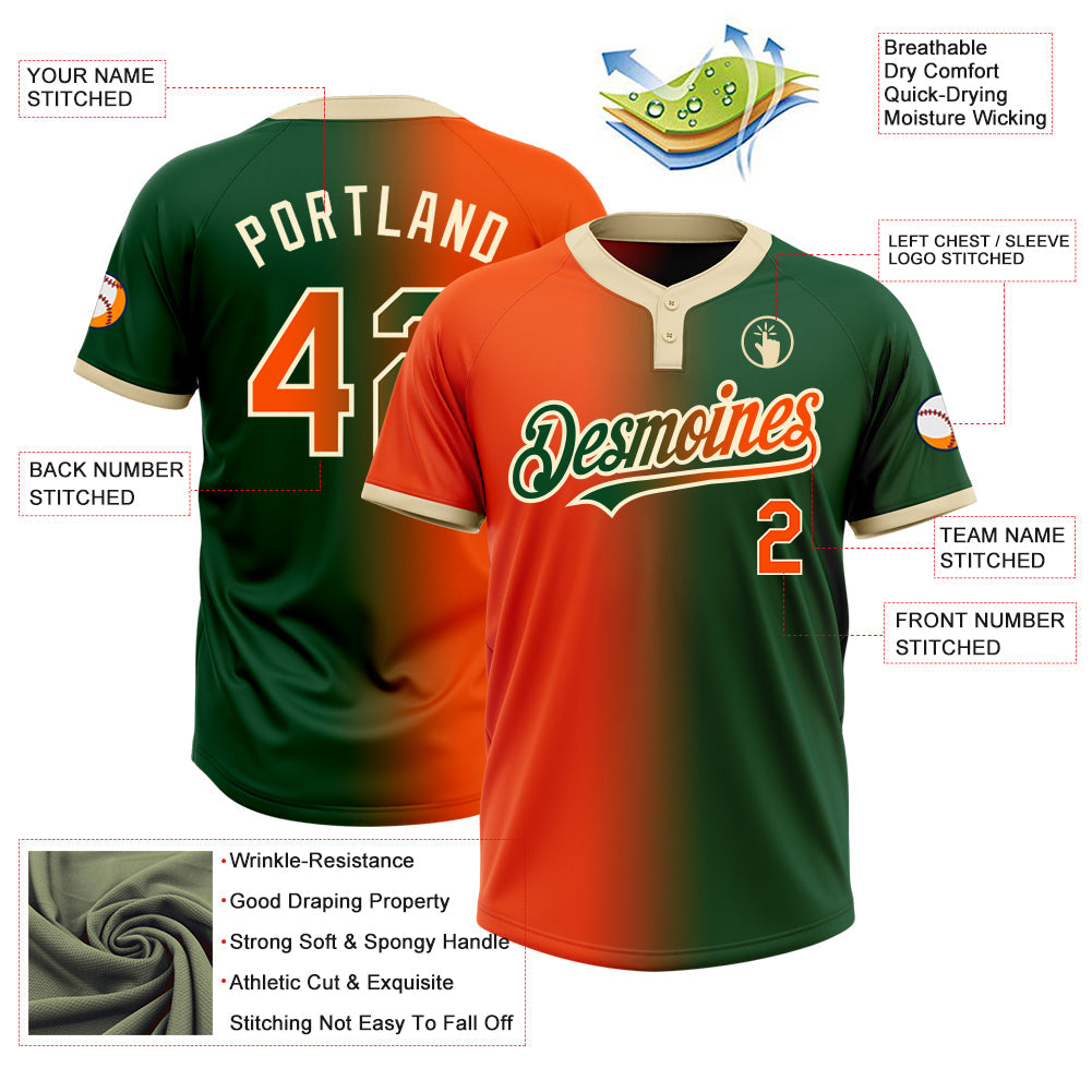 Custom Green Orange-Cream Gradient Fashion Two-Button Unisex Softball Jersey view 3
