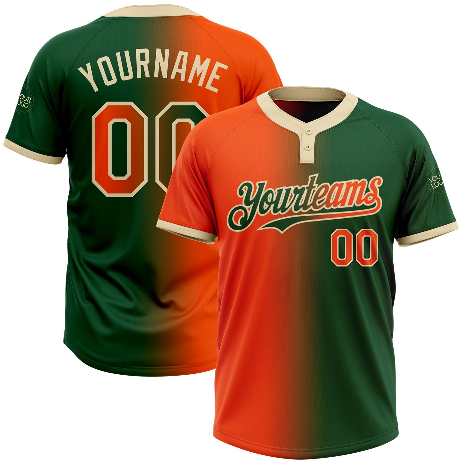 Custom Green Orange-Cream Gradient Fashion Two-Button Unisex Softball Jersey - Main View