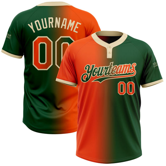 Custom Green Orange-Cream Gradient Fashion Two-Button Unisex Softball Jersey - Main View