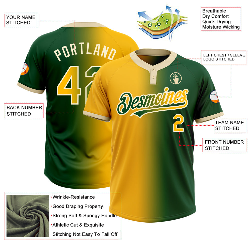 Custom Green Gold-Cream Gradient Fashion Two-Button Unisex Softball Jersey view 3