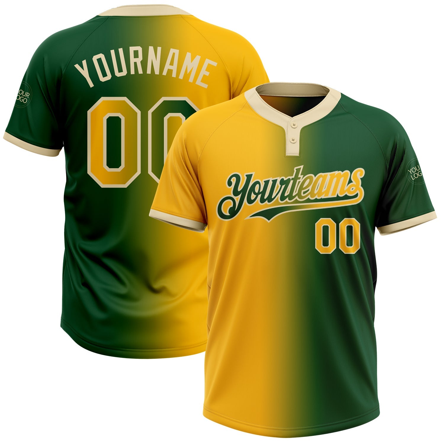 Custom Green Gold-Cream Gradient Fashion Two-Button Unisex Softball Jersey - Main View