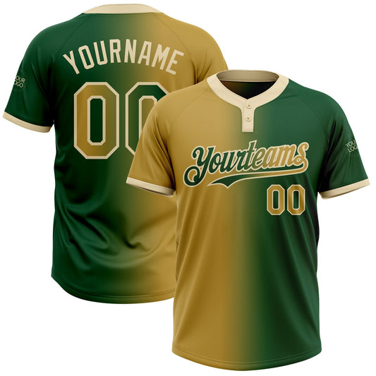 Custom Green Old Gold-Cream Gradient Fashion Two-Button Unisex Softball Jersey - Main View