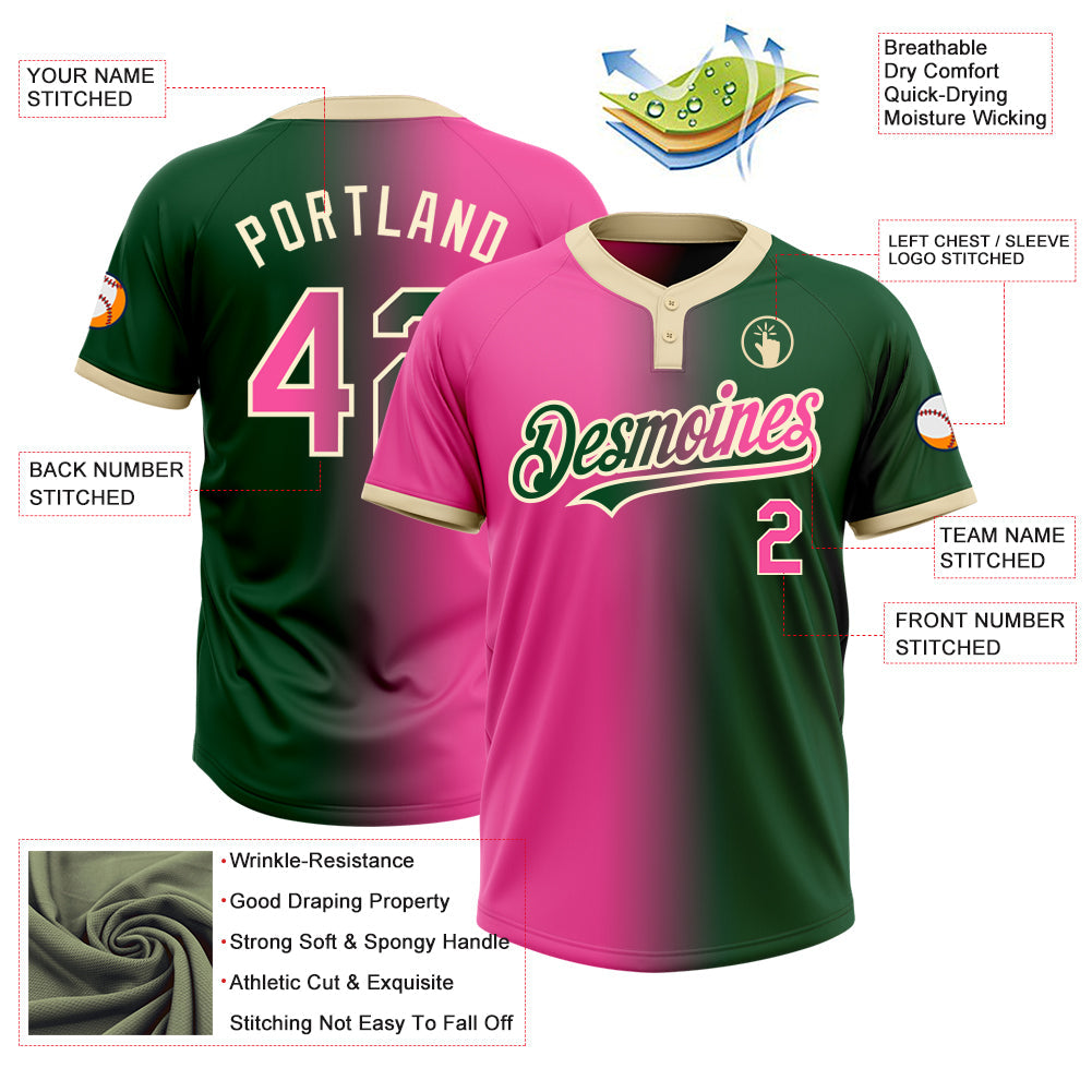 Custom Green Pink-Cream Gradient Fashion Two-Button Unisex Softball Jersey view 3
