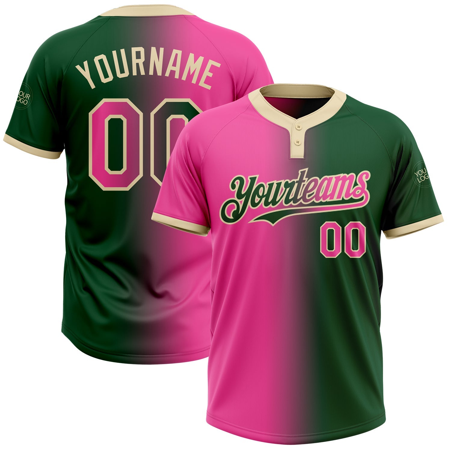 Custom Green Pink-Cream Gradient Fashion Two-Button Unisex Softball Jersey - Main View