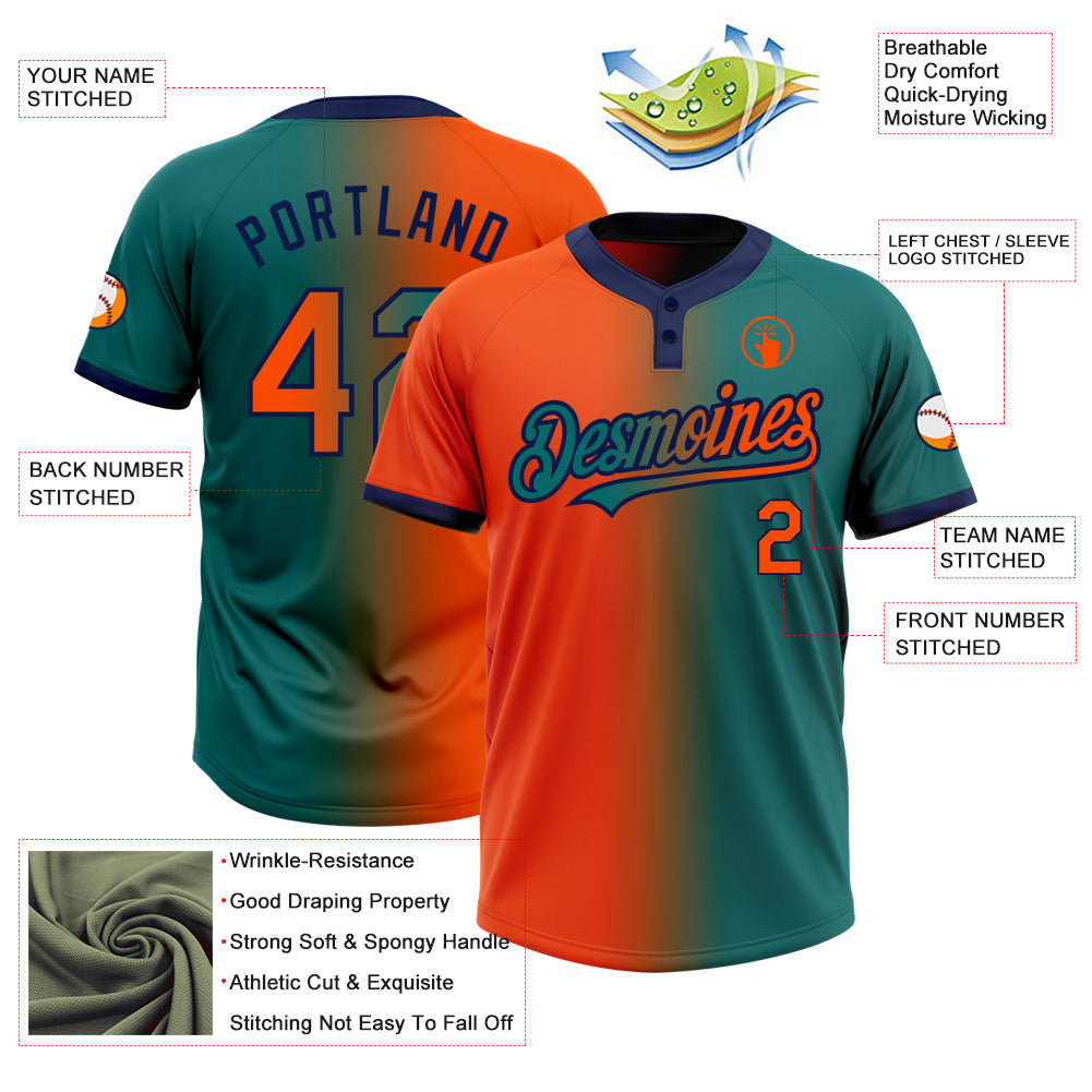 Custom Teal Orange-Navy Gradient Fashion Two-Button Unisex Softball Jersey view 3