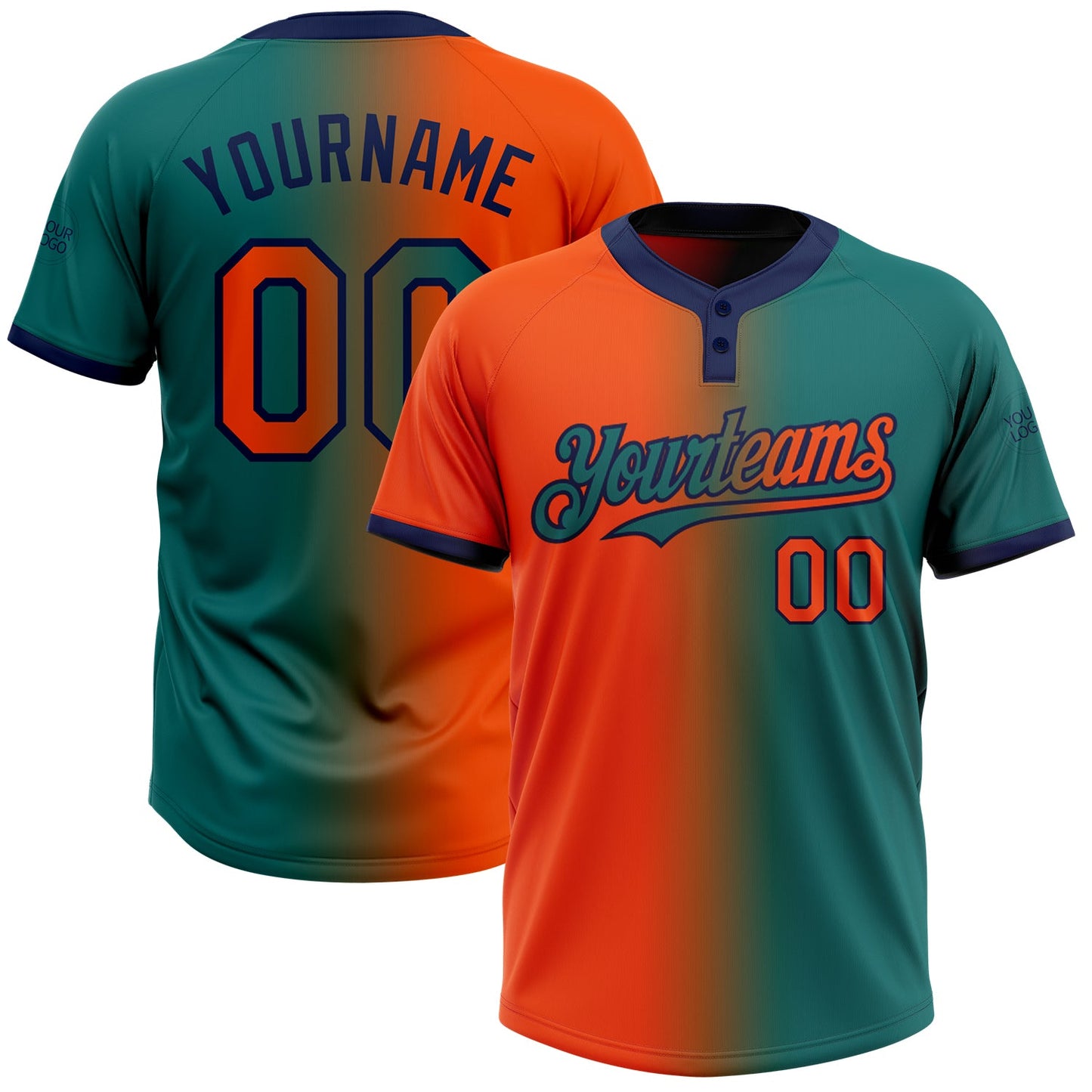 Custom Teal Orange-Navy Gradient Fashion Two-Button Unisex Softball Jersey - Main View