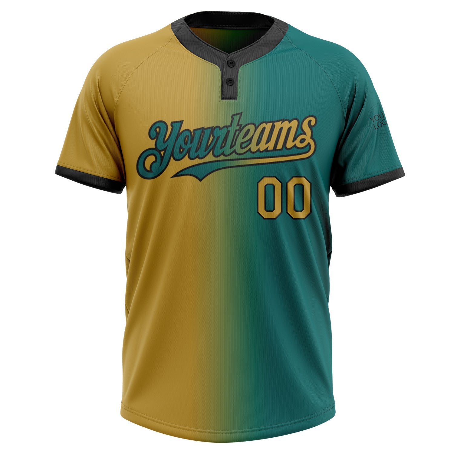 Custom Teal Old Gold-Black Gradient Fashion Two-Button Unisex Softball Jersey view 2
