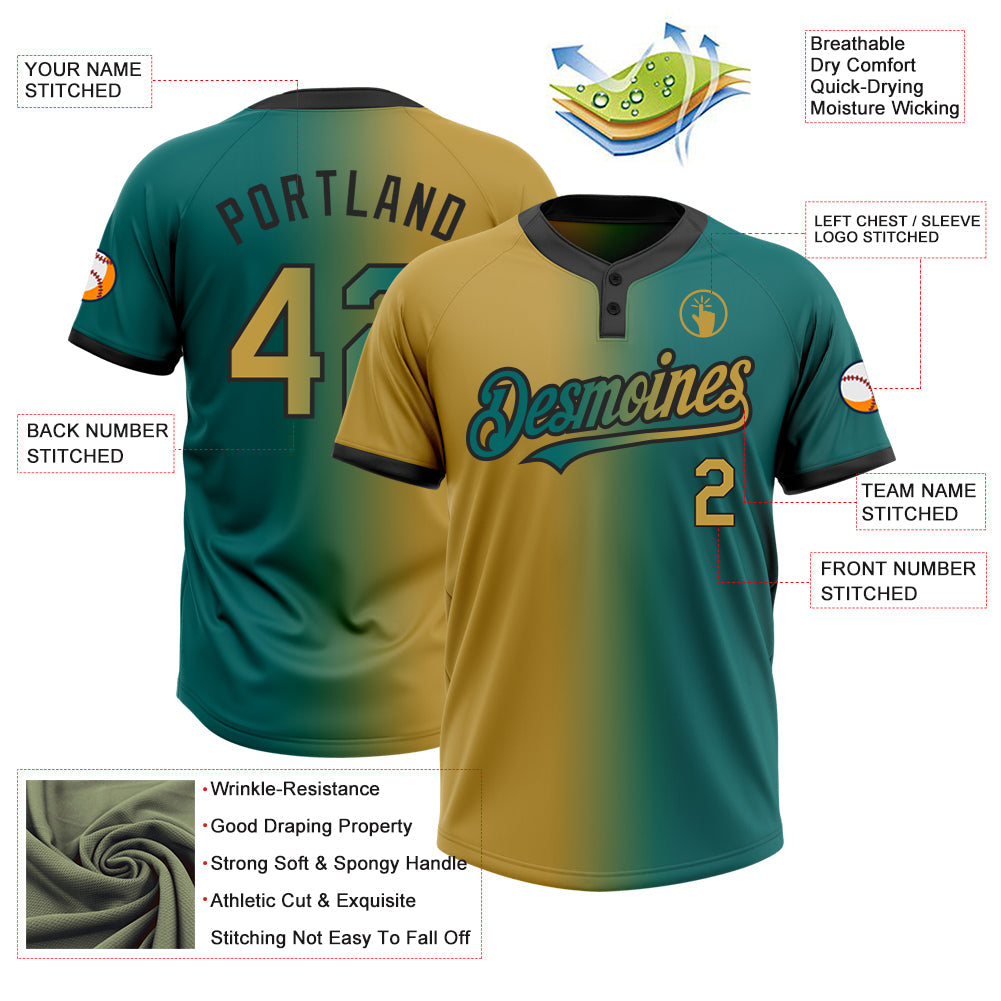 Custom Teal Old Gold-Black Gradient Fashion Two-Button Unisex Softball Jersey view 3