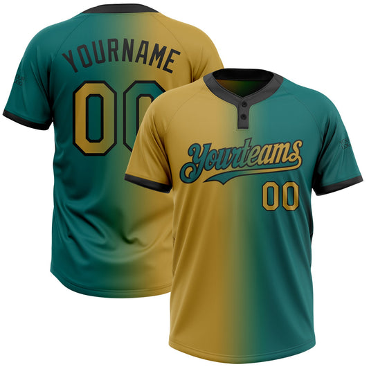 Custom Teal Old Gold-Black Gradient Fashion Two-Button Unisex Softball Jersey - Main View