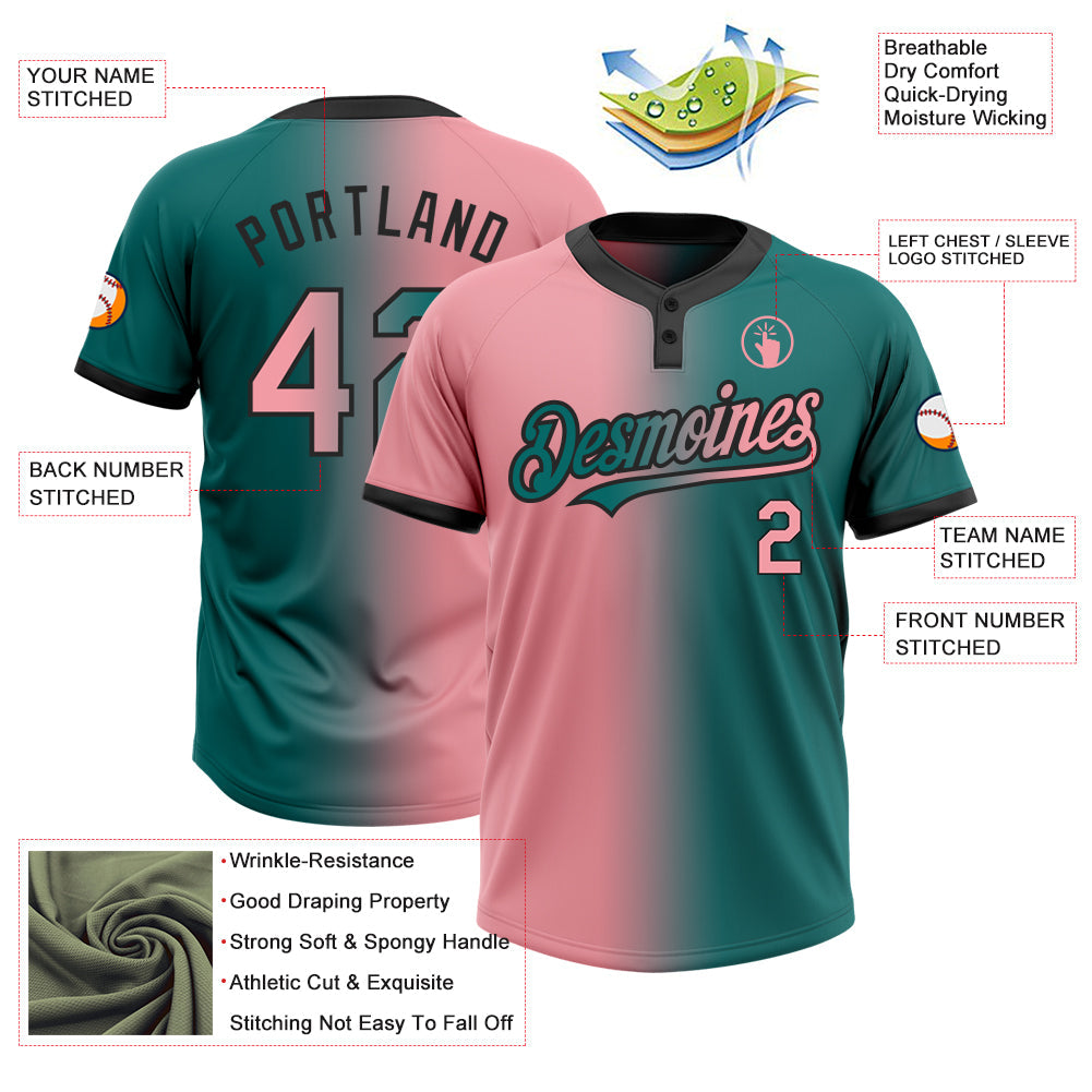 Custom Teal Medium Pink-Black Gradient Fashion Two-Button Unisex Softball Jersey view 3