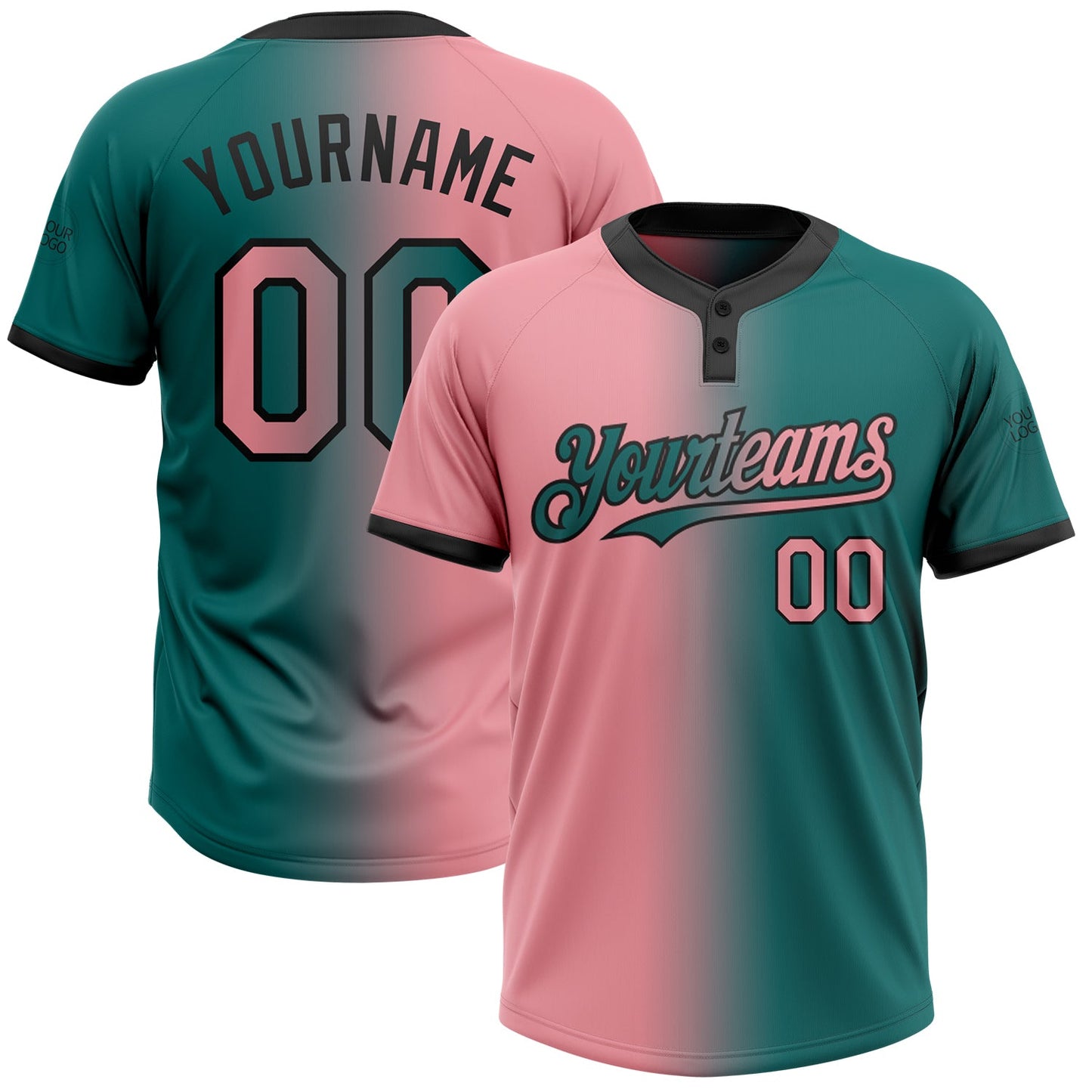 Custom Teal Medium Pink-Black Gradient Fashion Two-Button Unisex Softball Jersey - Main View