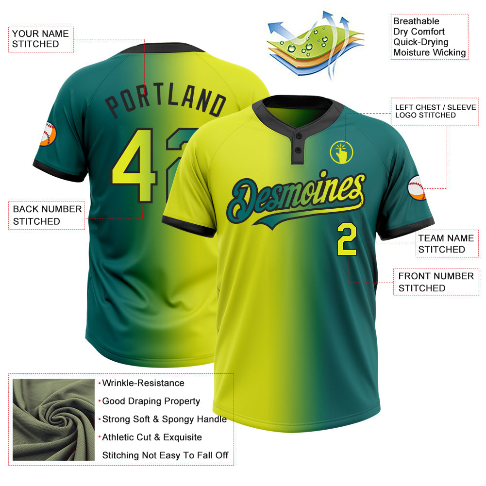 Custom Teal Neon Yellow-Black Gradient Fashion Two-Button Unisex Softball Jersey view 3