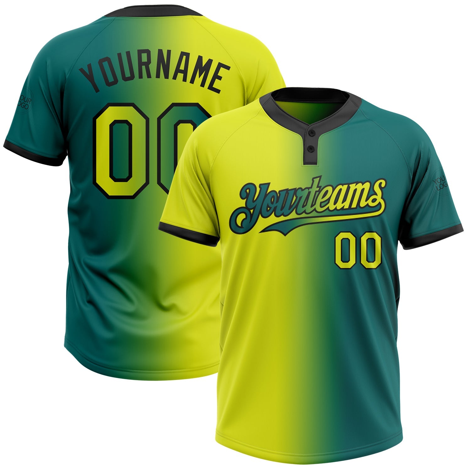Custom Teal Neon Yellow-Black Gradient Fashion Two-Button Unisex Softball Jersey - Main View