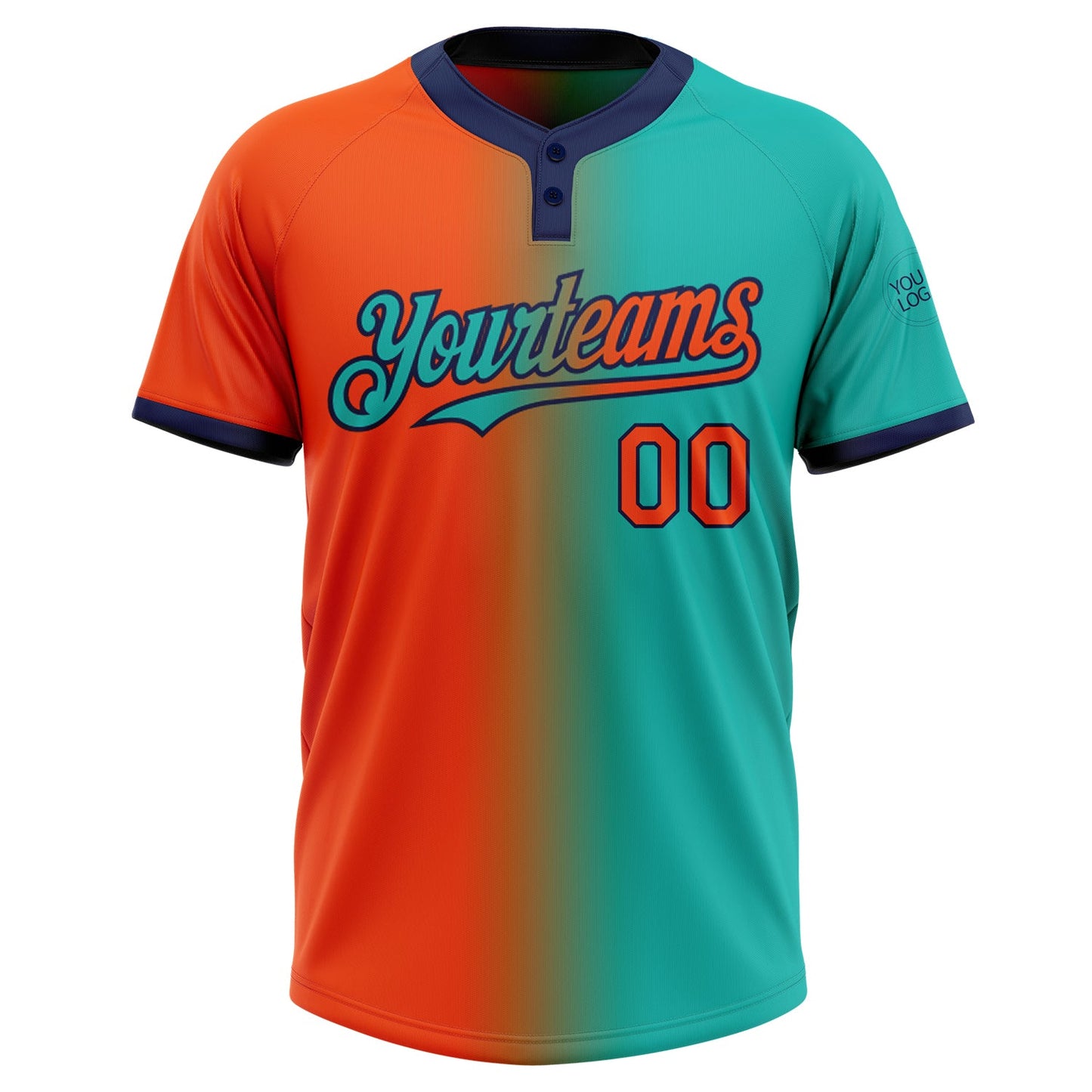 Custom Aqua Orange-Navy Gradient Fashion Two-Button Unisex Softball Jersey view 2