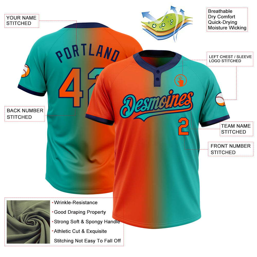 Custom Aqua Orange-Navy Gradient Fashion Two-Button Unisex Softball Jersey view 3