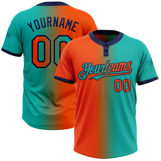 Custom Aqua Orange-Navy Gradient Fashion Two-Button Unisex Softball Jersey - Main View